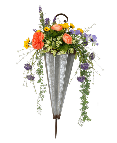 A galvanized umbrella holds a silk arrangement with coral ranunculus, lavender anemone, lavender allium, mini sunflowers, lavender, and greens. Overall 29 inchH x 18 inchW - Option to hang with 'umbrella' hook or back of umbrella has two built in keyhole slots for other optional hanging
