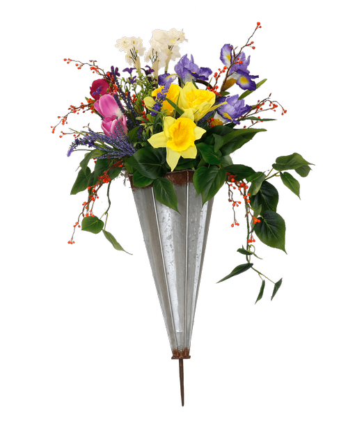 A galvanized umbrella holds a silk spring arrangement with yellow daffodils, purple iris, lavender tulips, white narcissus, orange berries, and lavender. Overall 32.5 inchH x 20 inchW - Option to hang with 'umbrella' hook or back of umbrella has two built in keyhole slots for other optional hanging