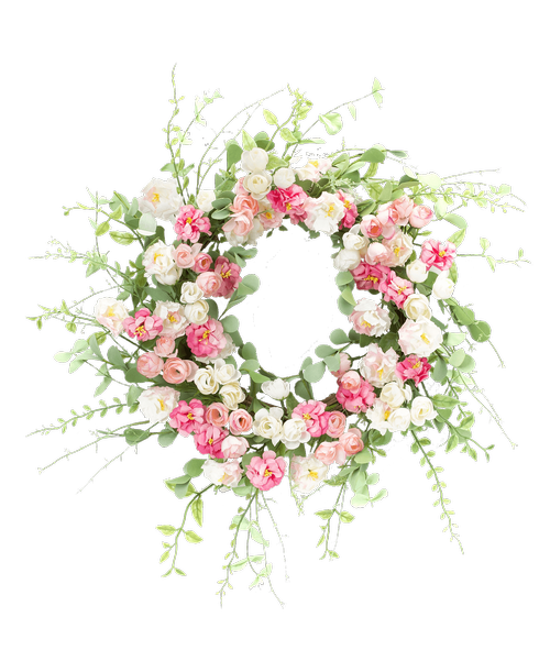 A 23 inchD silk wreath with pink and cream flowers and assorted greens