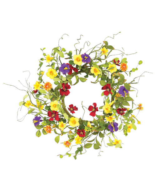 A 23 inchD silk summer garden trumpet wreath with yellow, red, and purple flowers and assorted greens.