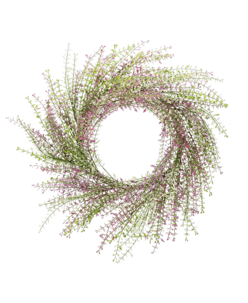 A 30 inchD silk wreath with heather in two shades of pinks, white, and green.