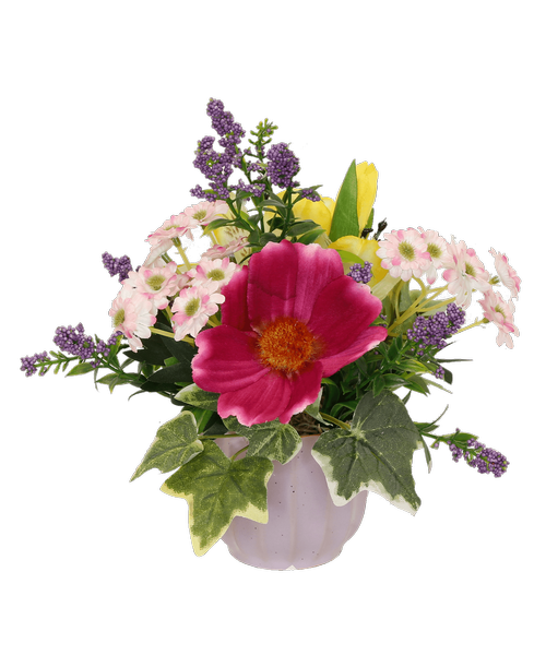 A2.5 inchH lavender pot holds an all around silk arrangement with an orchid cosmos, a yellow alstroemeria, pink mini daisies, and purple berries. 7 inchH x 8 inchW