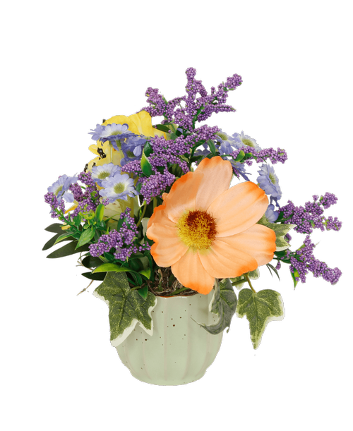 A2.5 inchH green pot holds an all around silk arrangement with a coral cosmos, a yellow alstroemeria, blue mini daisies, and purple berries. 7 inchH x 8 inchW