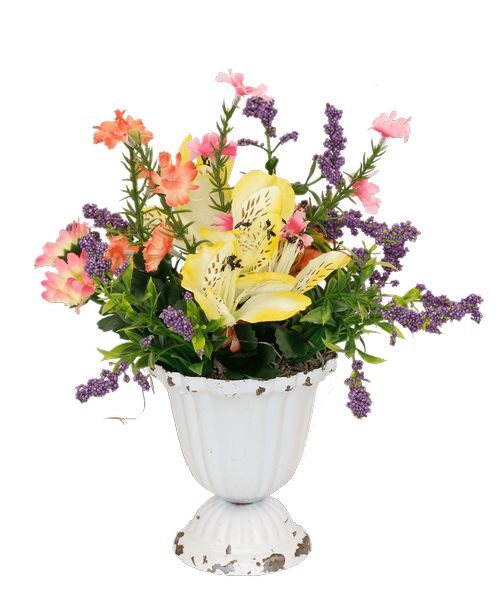 A 4 inchH metal antique white urn holds an all around silk arrangement with yellow alstroemeria, coral and pink mini flowers, and purple berries. 10 inchH x 9 inchW