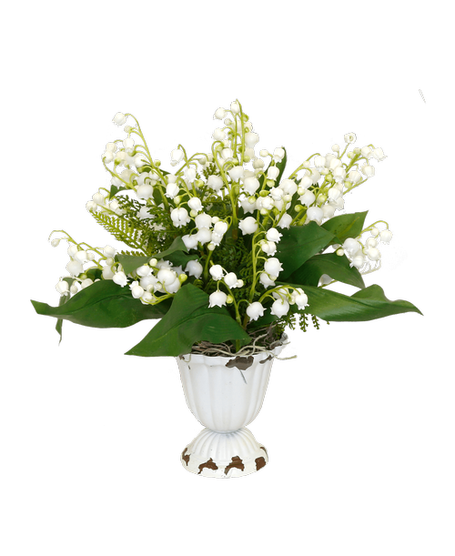 A 4 inchH metal antique white urn holds an all around silk arrangement with lily of the valley. 11 inchH x 10 inchW