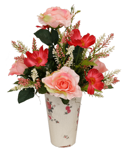 A 7 inchH crackled ceramic pot with a rose design holds an all around silk arrangement with pink roses, hot pink cosmos, and astilbe. 18 inchH x 14 inchW