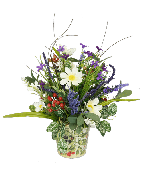 A 4.75 inch metal pot with a berry design holds an all around silk arrangement with white cosmos, purples berries and mini flowers, red berries, and fittonia greens. 14 inchH x 13 inchW, Overall 16.5 inchH