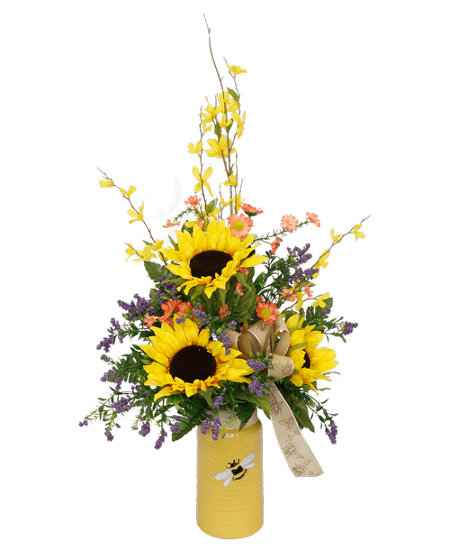 An 8.25 inchH x 3.25 inchW yellow ceramic container with a bee design holds a one-sided silk arrangement with sunflowers, forsythia, purple berries, coral mini daisies, and a natural ribbon with a bee design. 30 inchH x 17 inchW