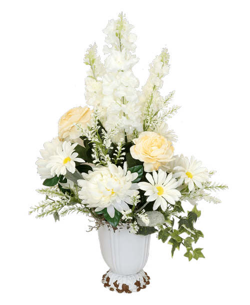 A 6.75 inchH metal antique white urn holds an all around arrangement in whites including delphinium, mums, camelia, daisies, and astilbe. 23 inchH x 14 inchW