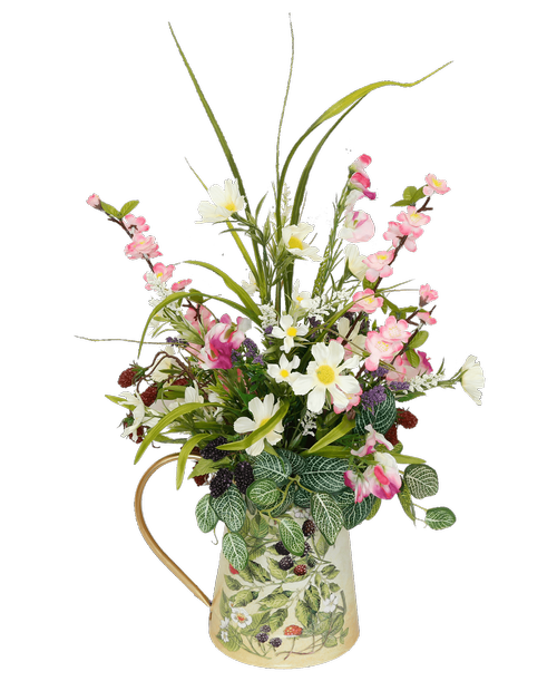 An 8 inchH metal pitcher with a mixed berry design holds an all around silk arrangement with cherry blossoms, white cosmos and astilbe, sweet pea, red and black raspberries, and assorted greens. 22.5 inchH x 18 inchW; Overall 28 inchH
