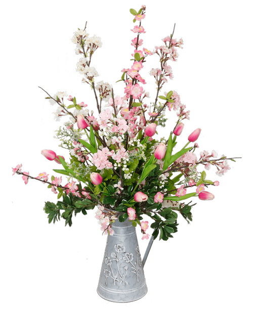 A 12.5 inchH metal embossed pitcher holds an all around silk arrangement with assorted cherry blossoms, tulips, wild baby's breath, birch branches, and assorted greens. 36 inchH x 30 inchW