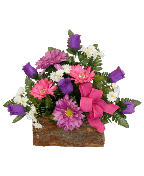 A 10 inch log box holds a one-sided silk arrangement with purple, lavender, pink and white flowers, and a fuchsia linen bow. 16 inchH x 20 inchW
