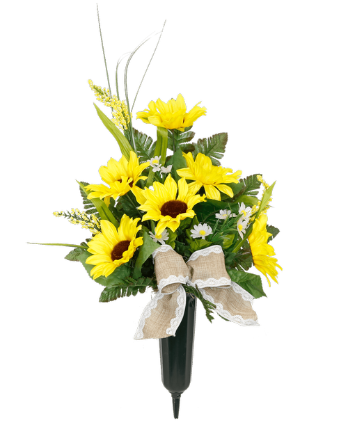 A plastic cemetery spike holds a one-sided silk arrangement with sunflowers, white mini daisies, and a natural bow with lace edges. 27 inchH x 16 inchW