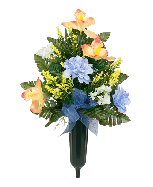 A plastic cemetery spike holds a one-sided silk arrangement with peach orchids, blue marigolds, white flowers, yellow astilbe, and a blue sheer bow. 21 inchH x 13 inchW