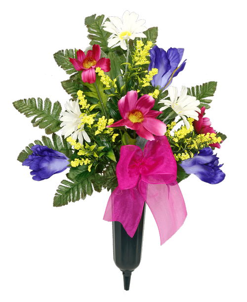 A plastic cemetery spike holds a one-sided silk arrangement with orchid cosmos, iris, white daisies, yellow astilbe, and a fuchsia sheet bow. 21 inchH x 15 inchW
