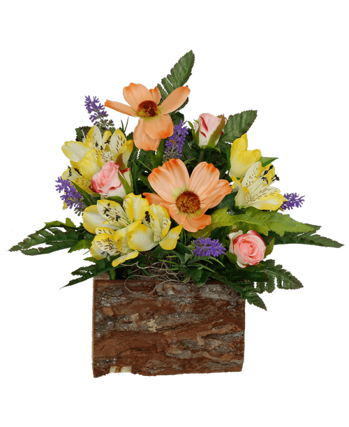 A 6 inch log box holds a one-sided silk arrangement with coral cosmos, yellow alstroemeria, pink sweetheart roses, and lavender. 12 inchH x 13 inchW