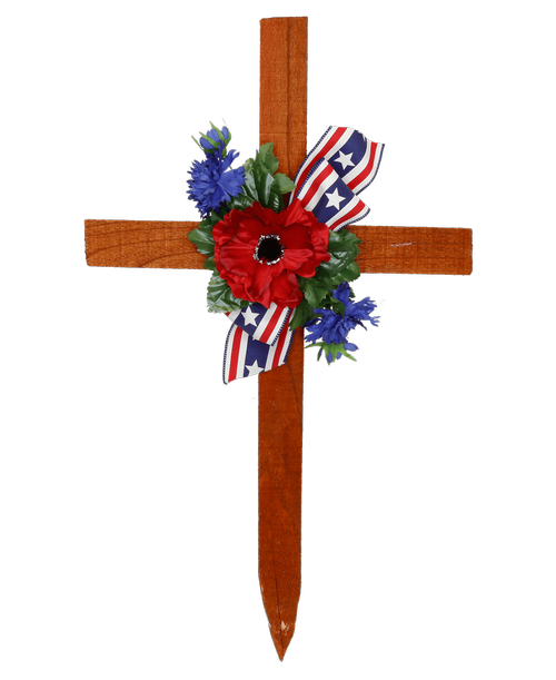 A 24 inchH wooden cross holds a silk red poppy, blue cornflower, and a red, white and blue bow.