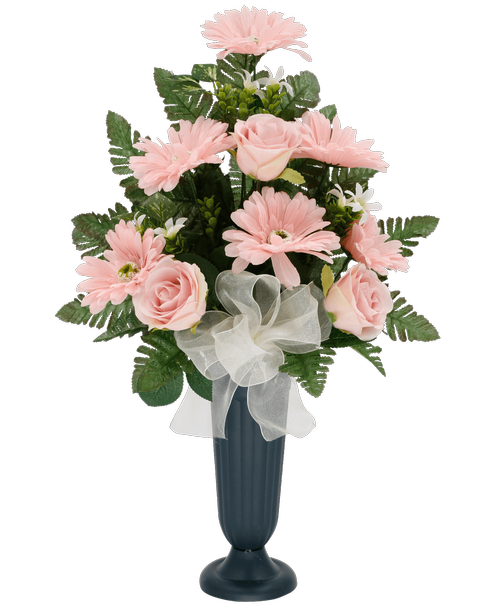 A plastic cemetery cup holds a one-sided silk arrangement with pink gerbera daisies, pink roses, white blossoms, and an ivory sheer bow. 22 inchH x 15 inchW