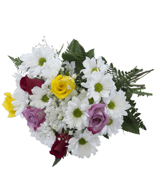 A loose flower bouquet with six 50 cm assorted colored roses, daisy poms, and babies breath.
