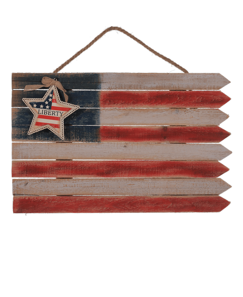 11.5 inchH x .5 inchW x 18 inchD Wood RWB Flag with Liberty Star Hanging