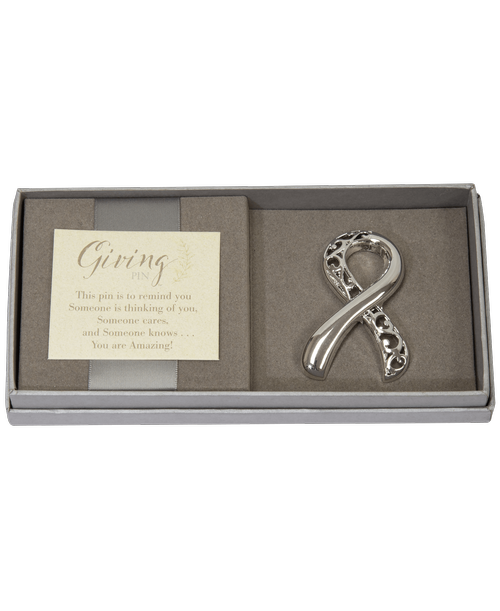 1.75 inchW x 2.5 inchL Silver Ribbon Giving Pin in a gift box with sentiment inchThis pin is to remind you Someone is thinking about you, Someone cares, and Someone knows... You are Amazing! inch