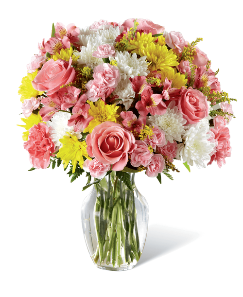 Beckoning with sunlit grace and beauty, this warm and uplifting bouquet is ready to offer cheer and flowering elegance to your recipient today. A collection of pink blooms, including Peruvian Lilies, carnations, mini carnations, and roses, are highlighted by yellow and white chrysanthemums, yellow solidago, and lush greens for a winning affect they will adore. Presented in a classic clear glass vase, this lovely bouquet is set to create a wonderful birthday, thank you, or get well gift! Approx. 17 inchH x 14 inchW.