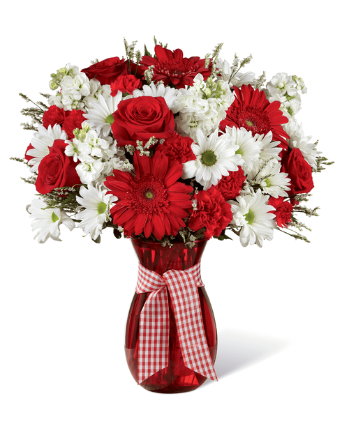 As perfect as a summer day, this flower arrangement has a sweet look and style that is set to delight your recipient with each bold bloom. Bright red gerbera daisies, carnations, mini carnations, and roses catch the eye against a back drop of clean white daisies, gilly flower, and limonium, accented with lush greens. Presented in a red glass vase tied with a red and white gingham ribbon for that extra special touch, this beautiful flower bouquet is ready to celebrate a birthday, anniversary, or as a way to send your congratulations wishes. Approx. 16 inchH x 14 inchW.