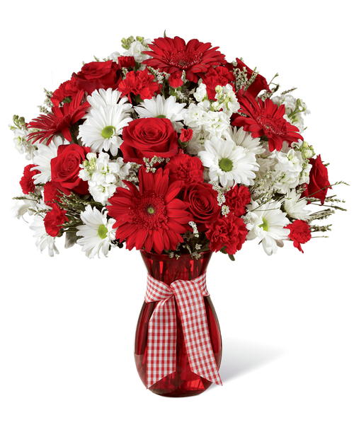 As perfect as a summer day, this flower arrangement has a sweet look and style that is set to delight your recipient with each bold bloom. Bright red gerbera daisies, carnations, mini carnations, and roses catch the eye against a back drop of clean white daisies, gilly flower, and limonium, accented with lush greens. Presented in a red glass vase tied with a red and white gingham ribbon for that extra special touch, this beautiful flower bouquet is ready to celebrate a birthday, anniversary, or as a way to send your congratulations wishes. Approx. 18 inchH x 16 inchW.