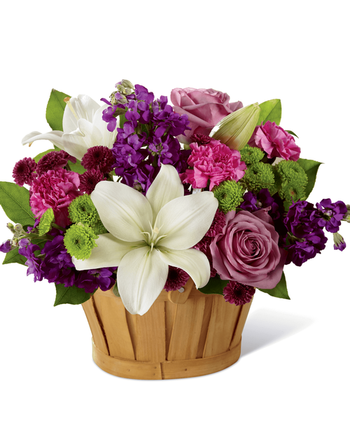 A sweet treat of beauty to get your recipient focused on all the magic that life can offer each day, this fresh flower arrangement is a gift they will always remember. White Asiatic Lilies are clean and bright against a berry colored back drop of purple gilly flower, hot pink carnations, green button poms, purple button poms, lavender roses, and lush greens. Arranged lovingly in a rectangular woodchip basket to give it a casual, yet sweet appeal, this fresh flower bouquet is set to create a wonderful birthday, thank you, or get well gift! Approx. 13 inchH x 14 inchW.