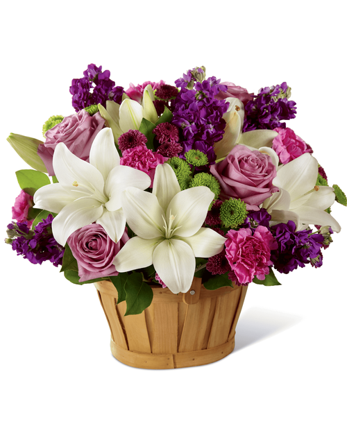 A sweet treat of beauty to get your recipient focused on all the magic that life can offer each day, this fresh flower arrangement is a gift they will always remember. White Asiatic Lilies are clean and bright against a berry colored back drop of purple gilly flower, hot pink carnations, green button poms, purple button poms, lavender roses, and lush greens. Arranged lovingly in a rectangular woodchip basket to give it a casual, yet sweet appeal, this fresh flower bouquet is set to create a wonderful birthday, thank you, or get well gift! Approx. 14 inchH x 16 inchW.