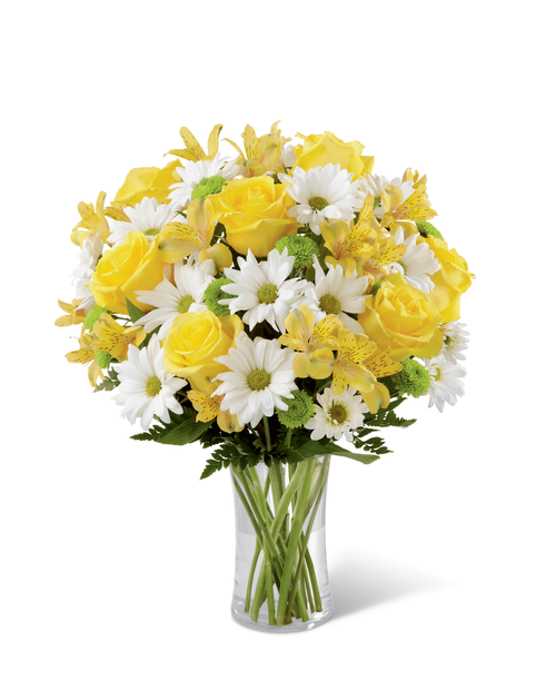 The FTD Sunny Sentiments Bouquet is a blooming expression of charming cheer. Brilliant yellow roses and Peruvian Lilies are paired with white traditional daisies and green button poms to create a memorable bouquet. Accented with lush greens and arranged in a classic clear glass vase, this bouquet is a wonderful way to celebrate any of life's special moments. 13 inchW x 17 inchH
