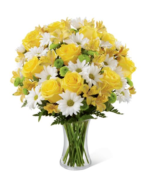 The FTD Sunny Sentiments Bouquet is a blooming expression of charming cheer. Brilliant yellow roses and Peruvian Lilies are paired with white traditional daisies and green button poms to create a memorable bouquet. Accented with lush greens and arranged in a classic clear glass vase, this bouquet is a wonderful way to celebrate any of life's special moments. 14 inchW x 19 inchH