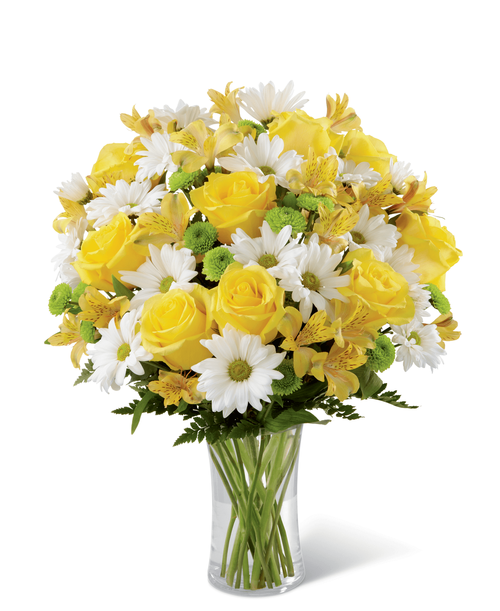 The FTD Sunny Sentiments Bouquet is a blooming expression of charming cheer. Brilliant yellow roses and Peruvian Lilies are paired with white traditional daisies and green button poms to create a memorable bouquet. Accented with lush greens and arranged in a classic clear glass vase, this bouquet is a wonderful way to celebrate any of life's special moments. 14 inchW x 18 inchH