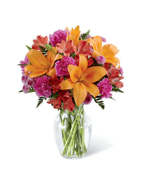 They always brighten your day and now it's time to return the favor. Send light and love with this gorgeous flower arrangement, bringing together orange Asiatic Lilies, fuchsia carnations, and red Peruvian Lilies, beautifully accented with lavender button poms and lush greens in a classic clear glass vase. A warm and sunny way to express your appreciation for your recipient's place in your life, this flower bouquet is that perfect birthday, anniversary, or thank you gift! Approx. 15 inchH x 13 inchW.