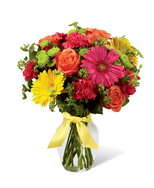 Celebrating life with colorful blooms that inspire and delight, this flower bouquet is ready to create a happy moment for your recipient that they will never forget. Orange roses, hot pink gerbera daisies, yellow gerbera daisies, hot pink carnations, green button poms, bupleurum, and lush greens mingle together to create a sunlit display while seated in a classic clear glass vase tied at the neck with a yellow satin ribbon for a sweet affect. A perfect get well, happy birthday, or congratulations gift! Approx. 15 inchH x 12 inchW