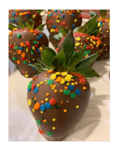 Say “Happy Birthday” with a delicious treat; fresh strawberries dipped in milk chocolaty confection then decorated with colorful sprinkles. It’s like a celebration in every bite.<br><br>
<p>
<p>
Eight hand-dipped birthday strawberries. <br><br><img src= inch/partners/delightfully_dainty.jpg inch width= inch200px inch height= inch100px inch><br><br>