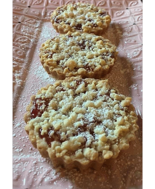 4” Butter cookie with a raspberry filling and sprinkled with powdered sugar..<br><br>
<p>
<p>
Qty of 6 Cookies<br><br><img src= inch/partners/delightfully_dainty.jpg inch width= inch200px inch height= inch100px inch><br><br>