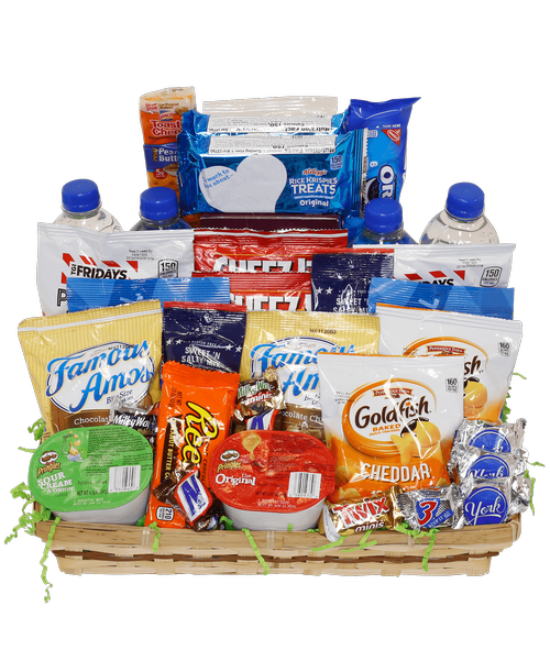 The perfect gift for the snacker in your life or an office bunch... a basket overflowing with a variety of goodies including crackers, cookies, candy, and more! (snack varieties may vary) 12.5 inchH x 14 inchW