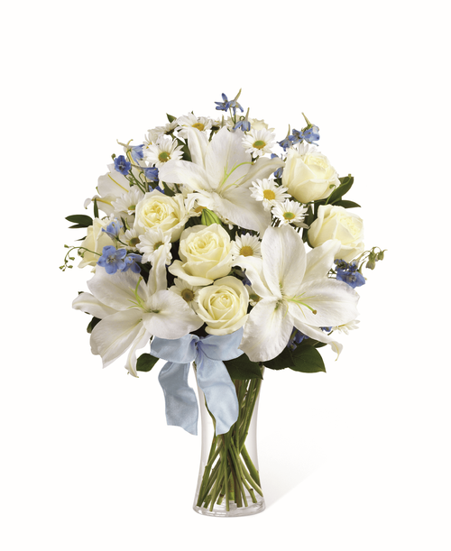 Our Sweet Peace Bouquet elegantly shares your reverence for their loss. Delicate white blooms are designed t accent the sweet light blue flowers and ribbon. While this arrangement is simply sweet in size, it is best suited for a small table, or within a home or residence.
- Details:
Good bouquet is approximately 21 inchH x 16 inchW 
Better bouquet is approximately 22 inchH x 17 inchW 
Best bouquet is approximately 23 inchH x 18 inchW 