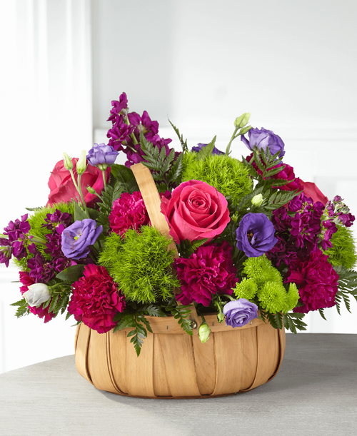 Share your loving thoughts and heartfelt emotions with an arrangement that captures beauty within each bloom. Bold roses, stock, lisianthus and carnations fill our Serene Sanctuary Basket t express your condolences during times of sympathy. 
Good basket is approximately 13 inchH x 16 inchW 
Better basket is approximately 14 inchH x 18 inchW 
Best basket is approximately 16 inchH x 20 inchW 