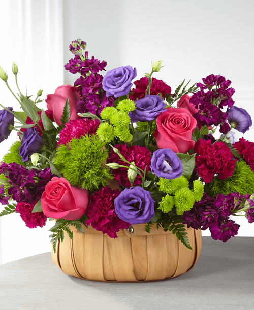 Share your loving thoughts and heartfelt emotions with an arrangement that captures beauty within each bloom. Bold roses, stock, lisianthus and carnations fill our Serene Sanctuary Basket t express your condolences during times of sympathy. 
Good basket is approximately 13 inchH x 16 inchW 
Better basket is approximately 14 inchH x 18 inchW 
Best basket is approximately 16 inchH x 20 inchW 