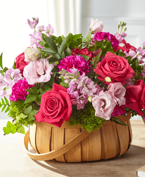 With our Radiant Remembrance Basket, hope and comfort is captured within each bloom. A gorgeous selection of roses, stock, lisianthus and carnations come together in a reusable basket t add a touch of brightness t every celebration of life. 
Good basket is approximately 11 inchH x 16 inchW 
Better basket is approximately 12 inchH x 17 inchW 
Best basket is approximately 13 inchH x 18 inchW 