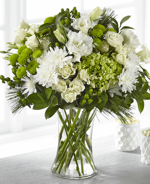 Our Thoughtful Sentiments Bouquet offers symbolic white and green flowers t share your reverence. This stunning arrangement is crafted with hydrangea, lisianthus and spray roses t serve as a thoughtful reminder of your support and love. This bouquet is best fit t share your sympathies in their home or residence. 
- Details:
Good bouquet is approximately 17 inchH x 14 inchW 
Better bouquet is approximately 18 inchH x 15 inchW 
Best bouquet is approximately 19 inchH x 16 inchW 