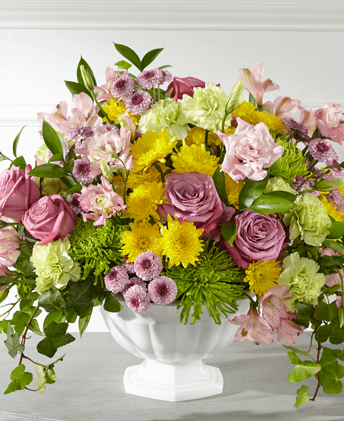 Deliver an uplifting message with a fresh array of springtime hues with our Healing Thoughts Arrangement. Roses, alstroemeria, lisianthus and spider mums come together in this modern display of sympathy t share your love. 
- Details:
Good arrangement is approximately 15 inchH x 18 inchW 
Better arrangement is approximately 16 inchH x 20 inchW 
Best arrangement is approximately 17 inchH x 22 inchW 