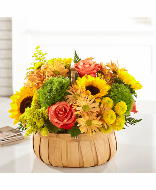 Rustic, natural beauty and vibrant shades are used t create our Harvest Sunflower Basket. A mix of bold sunflowers, roses and dianthus complement your most heartfelt messages of comfort during times of sensitivity. 
11 inchH x 15 inchW 
