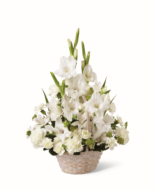 Our Eternal Affection Arrangement is a simple yet elegant offering of your sympathy. A mix of fresh, white florals are beautifully arranged in a round handled basket t create a display of soft serenity. While it’s perfectly sweet in size, this pick is best suited for t be placed on a table or within a home.
- Details:
Good bouquet is approximately 15 inchH x 12 inchW 
Better bouquet is approximately 18 inchH x14 inchW
Best bouquet is approximately 20 inchH x 15 inchW