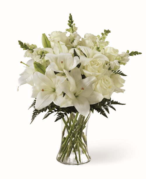 A bouquet of bright, white blooms is a timeless way t deliver expressions of comfort. Our Eternal Friendship Remembrance Bouquet sends your condolences with an array of roses, snapdragons and lilies. While this bouquet is perfect in size, it is best fit for a small table, or for sharing your sympathies t a home or residence. 
Good bouquet is approximately 17 inchH x 14 inchW 
Better bouquet is approximately 18 inchH x 15 inchW 
Best bouquet is approximately 20 inchH x 16 inchW