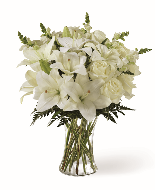 A bouquet of bright, white blooms is a timeless way t deliver expressions of comfort. Our Eternal Friendship Remembrance Bouquet sends your condolences with an array of roses, snapdragons and lilies. While this bouquet is perfect in size, it is best fit for a small table, or for sharing your sympathies t a home or residence. 
Good bouquet is approximately 17 inchH x 14 inchW 
Better bouquet is approximately 18 inchH x 15 inchW 
Best bouquet is approximately 20 inchH x 16 inchW