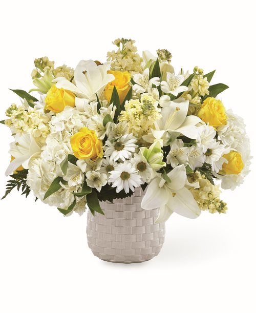 During times of sensitivity, share your thoughts and love with an arrangement that captures your sentiment. Our Comfort and Grace Bouquet is filled with a collection of white and yellow hydrangea blooms, lilies, stock, roses and more. Each bloom is elegantly complemented by a timeless grey basket weave patterned vase.
Good bouquet is approximately 17 inchH x 18 inchW 
Better bouquet is approximately 18 inchH x 20 inchW 
Best bouquet is approximately 20 inchH x 22 inchW 
